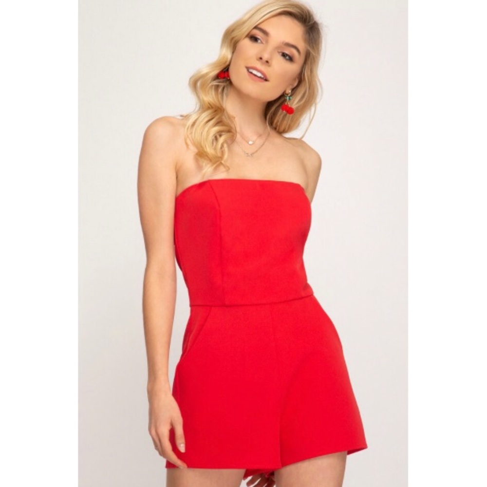 She+Sky Red Strapless Romper (M)